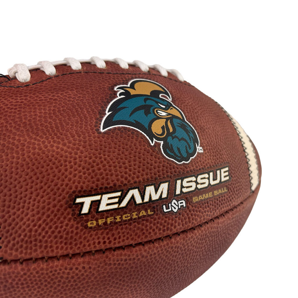 Brown leather football with white laces, featuring a teal and gold rooster logo and TEAM ISSUE branding labeled USA official game ball.
