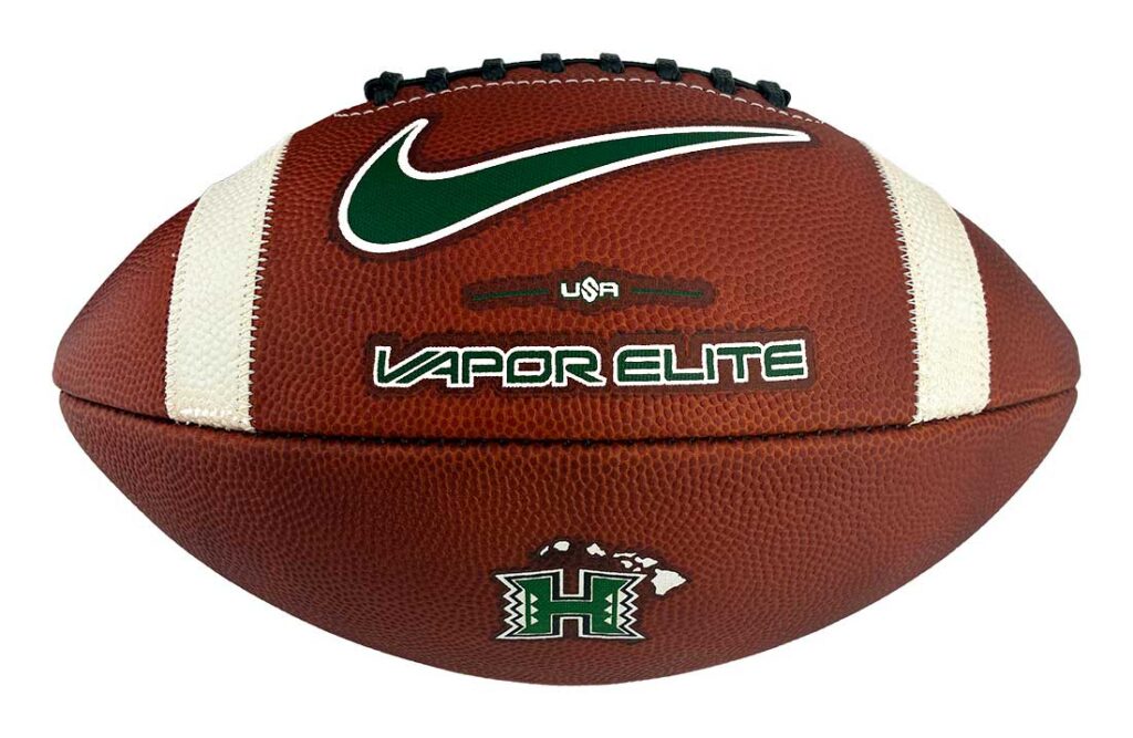 Brown Vapor Elite football with white seams and a green Nike Swoosh logo.