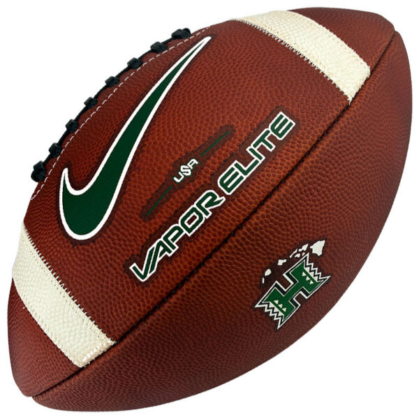 Close-up of a brown football with white laces, a green Nike swoosh, and Vapor Elite branding.