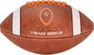 orange team issue logo and laces on a football with a white background