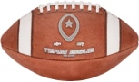 white team issue logo with white laces on a brown football with a white background