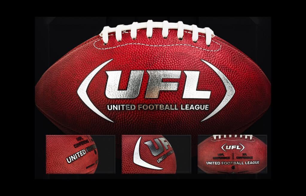 collage of the new UFL leather football