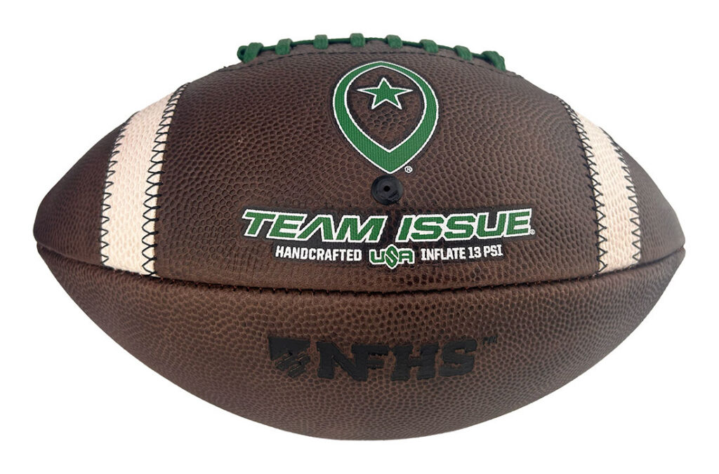 Brown football with green stitching and Team Issue logo on the front.
