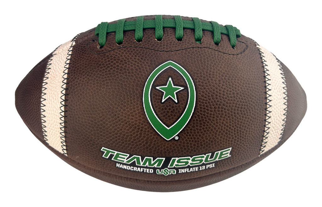 Brown leather football with green laces, centered Team Issue logo, and 'TEAM ISSUE' branding on the front.