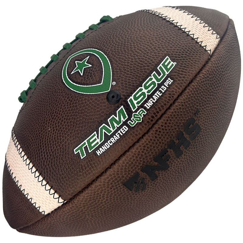 Team Issue football with a green logo and bold TEAM ISSUE text on brown leather, white stitching along the seams.