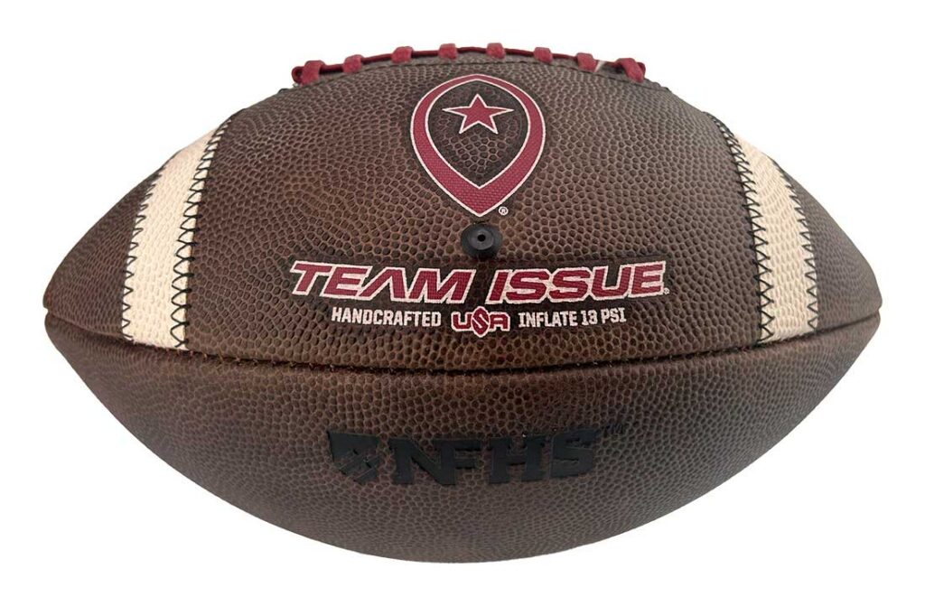 Official brown football with red laces and a shield logo, reading Team Issue and USA Inflate 13 PSI
