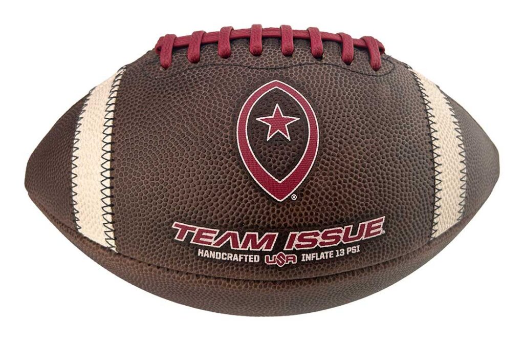 Brown leather football with maroon laces and white stripe accents, showing the Team Issue logo and 'Handcrafted USA Inflate 13 PSI' text for a product image.