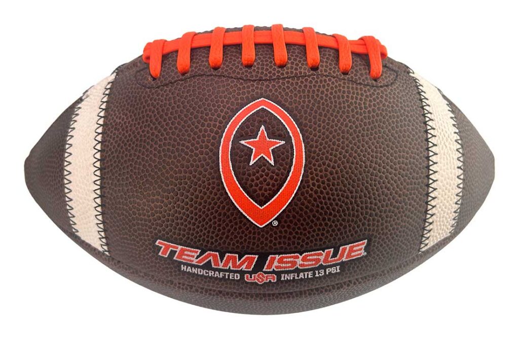Brown football with red laces and Team Issue logo on the front, showing stitched white panels on the sides for contrast.