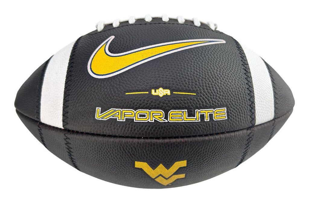 Black Vapor Elite football with white laces and panels, yellow Nike swoosh, and USA branding.