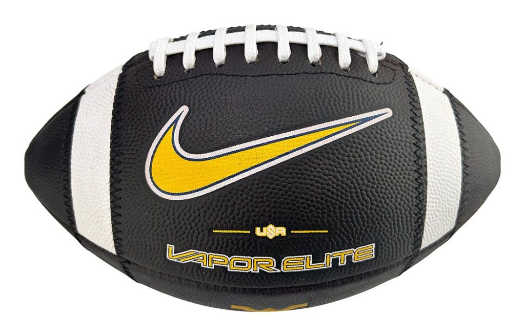Nike Vapor Elite football with black panels, white laces, and a yellow Nike swoosh logo on the side.