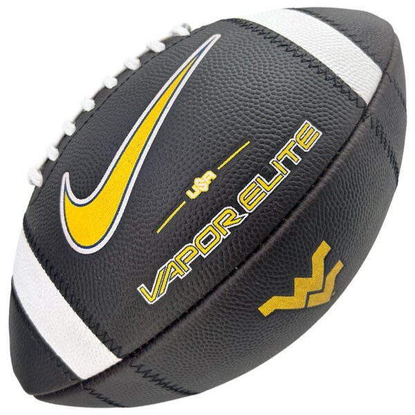 American football with black surface, white laces, and yellow Nike swoosh; labeled 'VAPOR ELITE' with WV logo and USA mark on the side