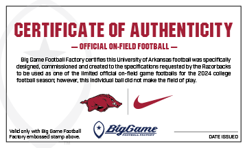 Arkansas Razorbacks Official Nike Vapor Elite Game Football Certificate of Authenticity.