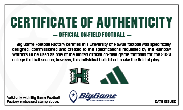 Hawaii Rainbow Warriors Official Adidas Game Football Certificate of Authenticity.