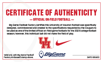 Houston Cougars Official Nike Game Football Certificate of Authenticity.