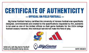 Kansas Jayhawks Official Adidas Game Football Certificate of Authenticity.