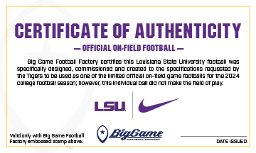 LSU Tigers Official Nike Vapor Elite Game Football Certificate of Authenticity.