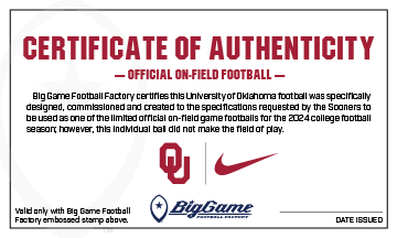 Oklahoma Sooners Official Nike Vapor Elite Game Football Certificate of Authenticity.