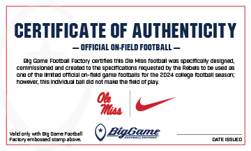 Ole Miss Rebels Official Nike Game Football Certificate of Authenticity.