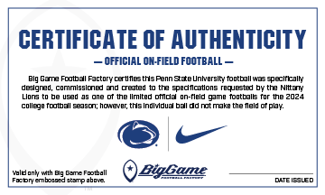 Penn State Nittany Lions Official Nike Game Football Certificate of Authenticity.