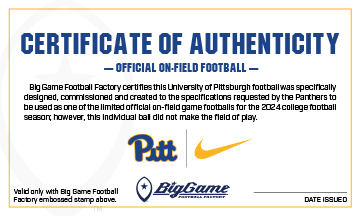 Pitt Panthers Official Nike Game Football Certificate of Authenticity