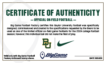 Baylor Bears Official Nike Game Football Certificate of Authenticity