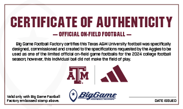 Texas A&M Aggies Official Adidas Game Football Certificate of Authenticity.