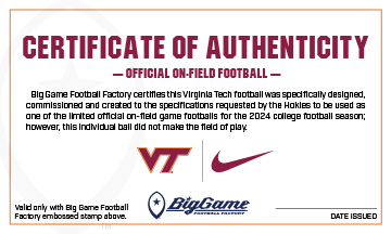 Virginia Tech Official Nike Vapor Elite Game Football Certificate of Authenticity