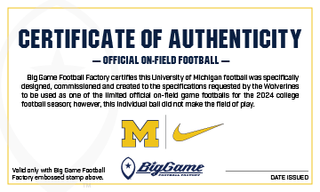 Michigan Wolverines Official Nike Game Football Certificate of Authenticity.