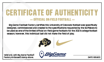 Colorado Buffaloes Official Nike Game Football Certificate of Authenticity.