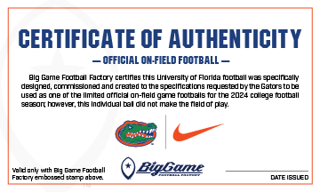 Florida Gators Official Nike Vapor Elite Game Football Certificate of Authenticity.