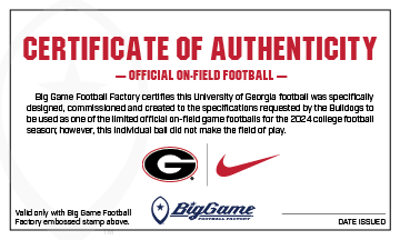 Georgia Bulldogs Official Nike Vapor Elite Game Football Certificate of Authenticity.