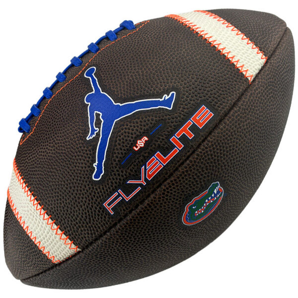 Brown football with blue laces and orange stitching, featuring a blue Jumpman silhouette and 'FLYTE' branding; Florida Gators logo included.