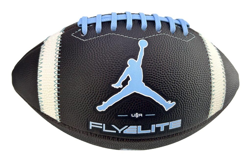 Black football with light-blue laces and white stripes, featuring a light-blue Jumpman logo and the 'FLYELITE' text.
