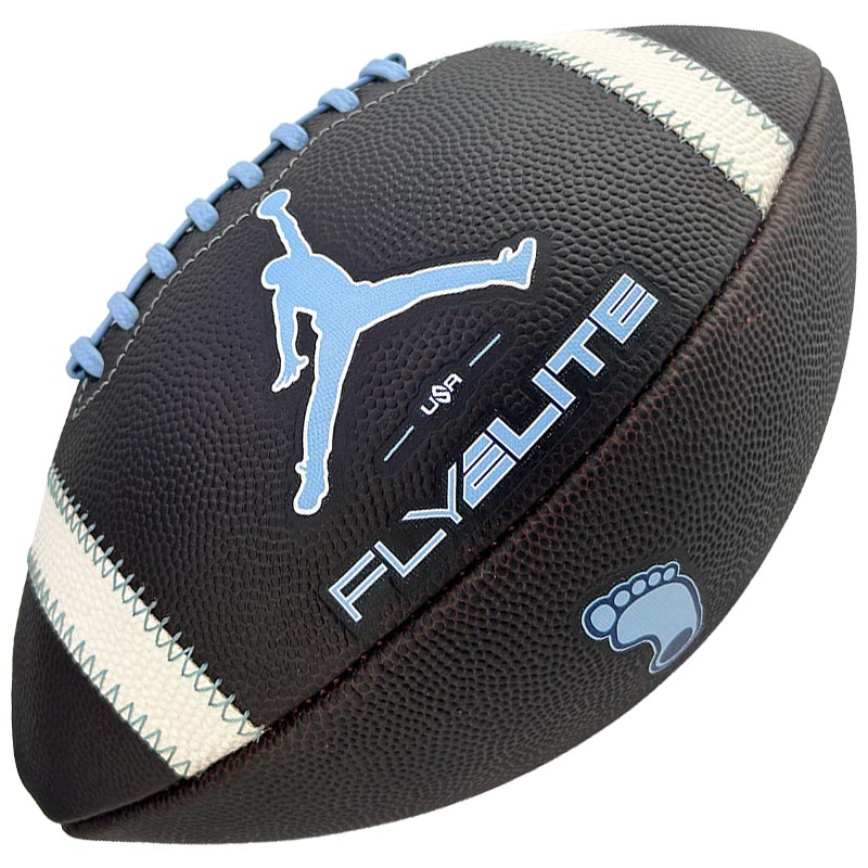 American football with blue laces, a blue Jumpman silhouette, and Fly Elite USA branding on a dark brown ball.