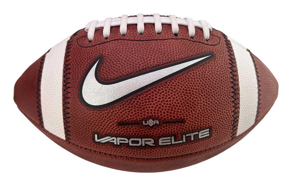 American football in brown leather with white laces and stripes, featuring a white Nike swoosh and LAPOR ELITE branding.