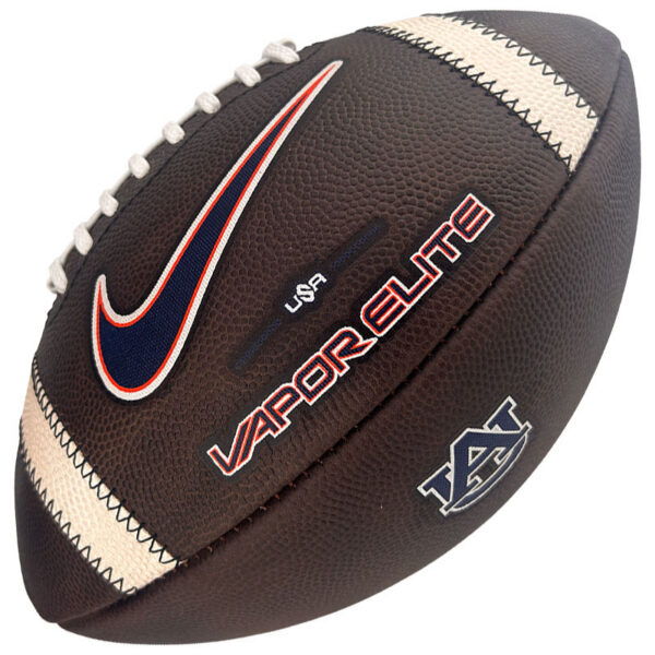 Brown leather football with white laces and cream stripe accents, featuring a blue Nike swoosh and 'VAPOR ELITE' branding with a small USA logo.