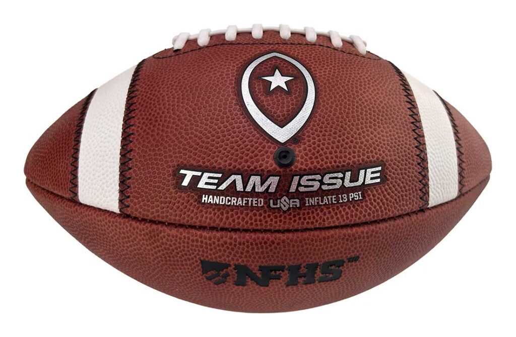 Brown American football with white laces and stripes, showing the 'TEAM ISSUE' branding and NFL/ NFHS marks.