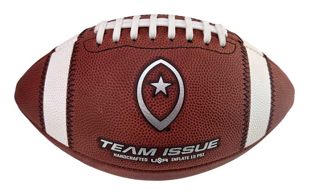 Leather football with white laces and stripes, centered logo and 'TEAM ISSUE' branding.