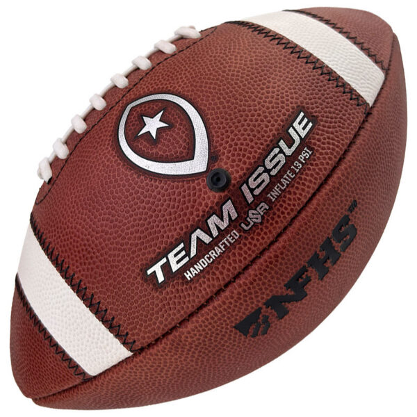 Brown leather football with white laces and a circular logo labeled 'Team Issue'.