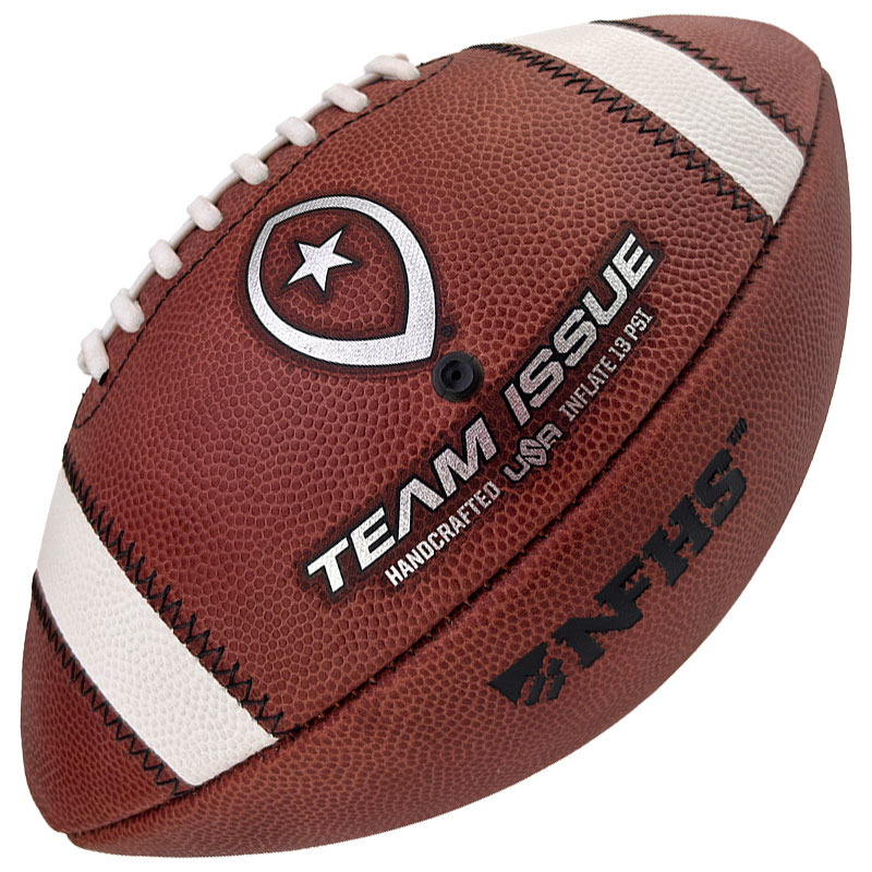 Brown leather football with white laces and a circular logo labeled 'Team Issue'.