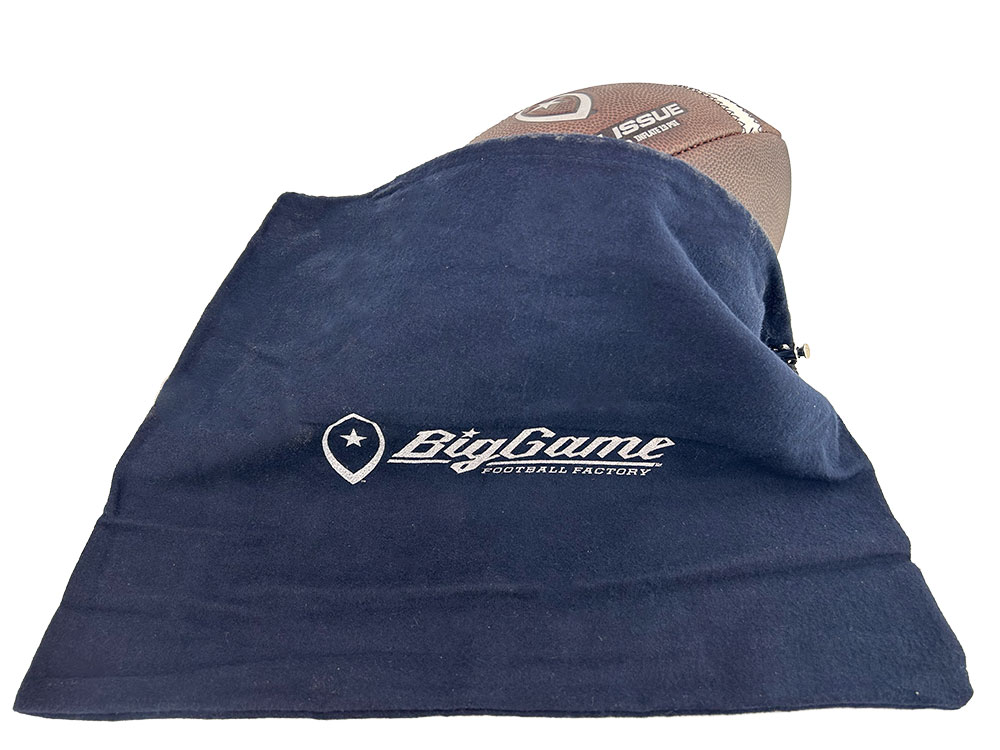 Navy blue fleece hat with a white embroidered BigGame Football Factory logo on the front.