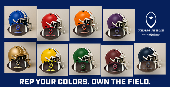 Ten football helmets in assorted colors arranged in two rows on a blue background, featuring the Team Issue logo on the right and the slogan 'Rep Your Colors. Own the Field.' at the bottom.