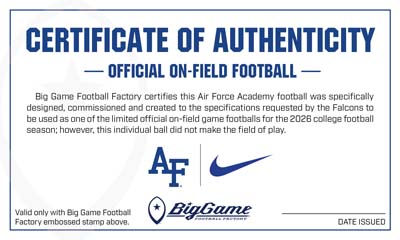 Certificate of Authenticity for an official on-field football, featuring Big Game, AF, and Nike logos.