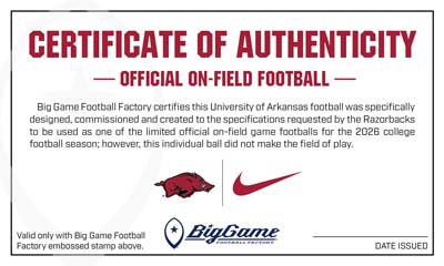 Certificate of Authenticity for an official on-field football, featuring Big Game Football logos and a date-issued line.