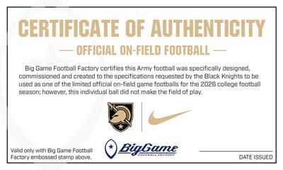 Certificate of Authenticity card labeled 'Official On-Field Football' with accompanying logos (Big Game Football Factory, Nike) and a space for date issued.
