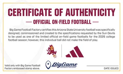 Certificate of Authenticity for an on-field football, with Sun Devil and Adidas logos, noting limited 2026 use and that the ball did not play.