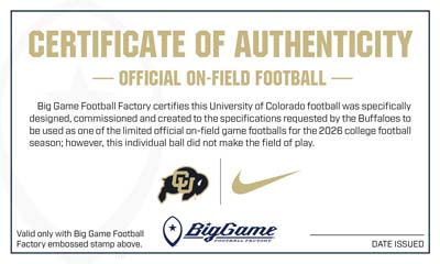 Certificate of Authenticity for an official on-field football, featuring branding, logos, and a bordered layout.
