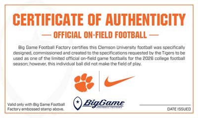 Certificate of Authenticity for an official on-field football, featuring Clemson paw print, Nike swoosh, and factory logos.