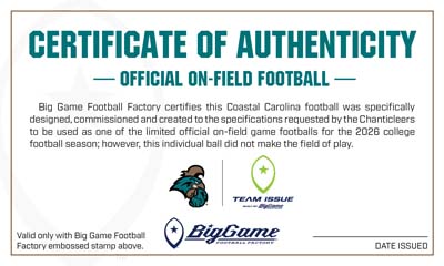 Certificate of Authenticity for an Official On-Field Football, featuring team logos and lines for date and signature.