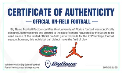 Certificate of authenticity card titled ‘CERTIFICATE OF AUTHENTICITY – OFFICIAL ON-FIELD FOOTBALL’ with descriptive paragraph and two logos (green-blue animal head logo and an orange silhouette) and stamp/date area.